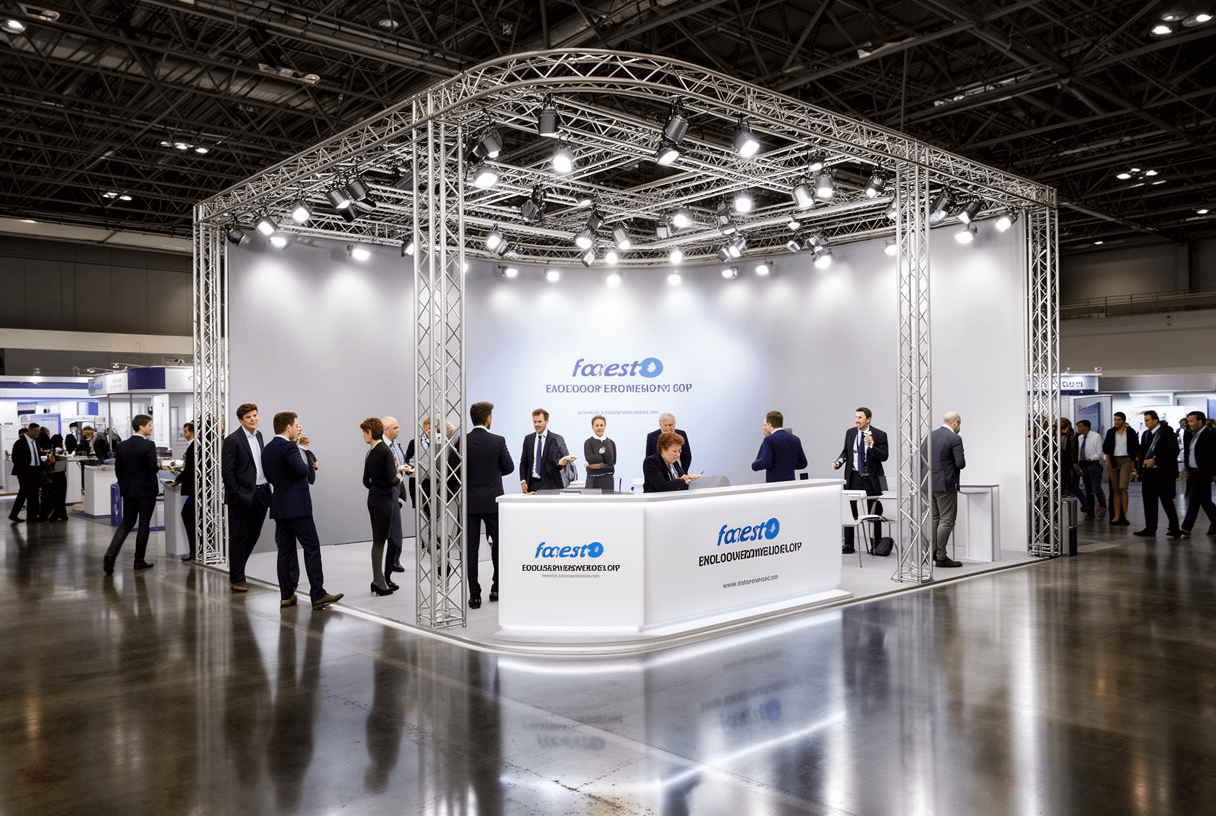 Stand salon professionnel avec comptoir et supports marketing